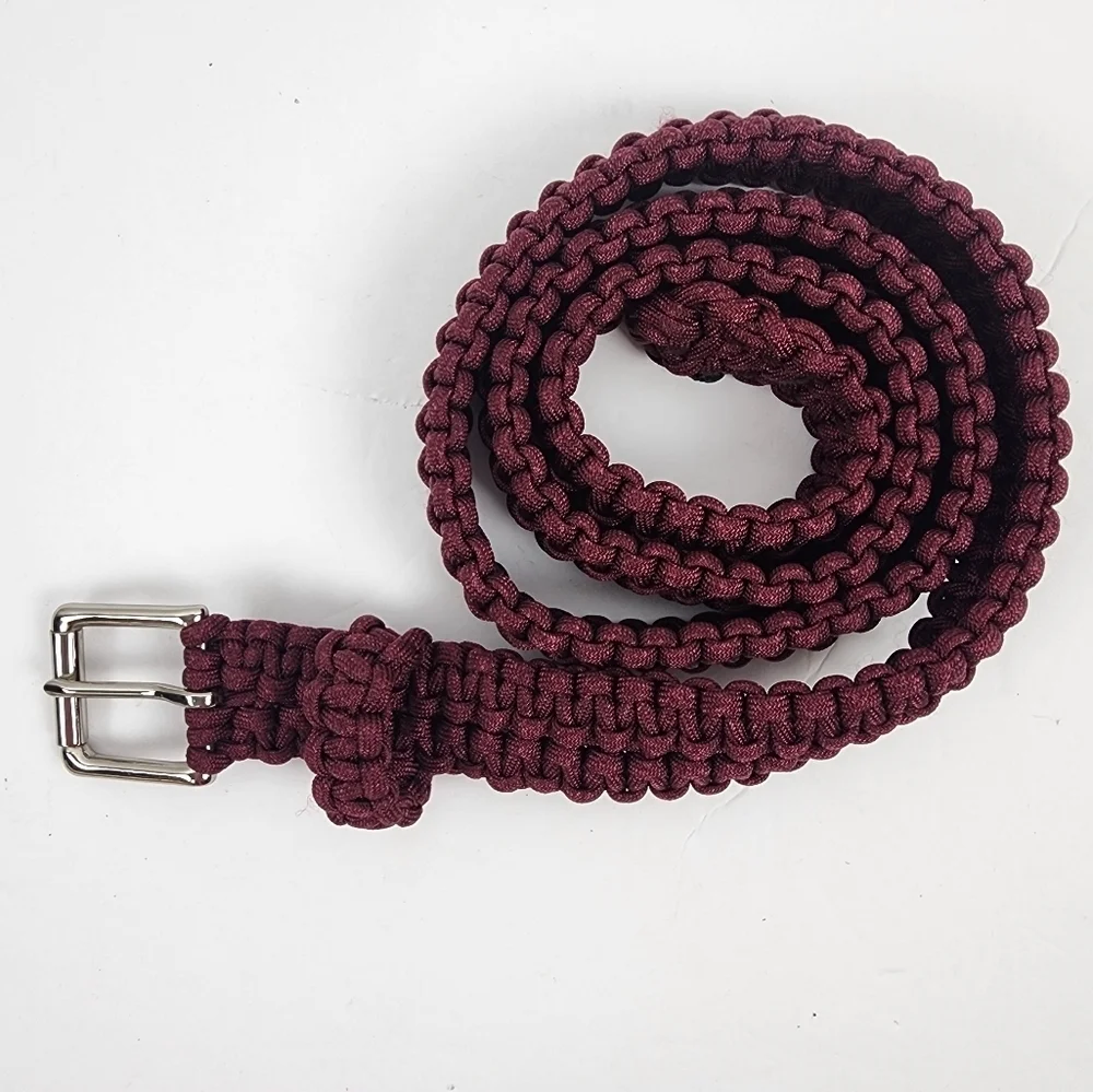 NWOT Braided Burgundy Belt Seatbelt Like Solid Brass Silver Buckle